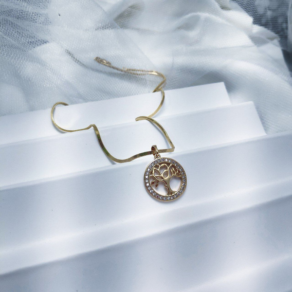 Подвеска "Дерево жизни" / Кулон 2,0 см. на цепочке Snake под золото / Украшение женское на шею в обрамлении камней